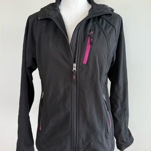 Free Country Women's Black Hooded Softshell Jacket with Pink Zippers